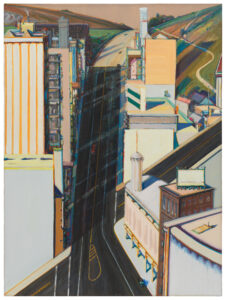 A painting of a downtown cityscape with tall buildings on the left and right and a four-lane road down the middle.