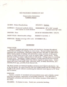 SFMOMA condition reports and treatment proposals relating to Robert Rauschenberg's Collection (1954/1955), 1972–91.