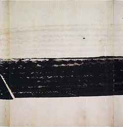 Detail of Robert Rauschenberg’s Automobile Tire Print showing the unpainted imprint of a tire tread beneath the painted tiremark