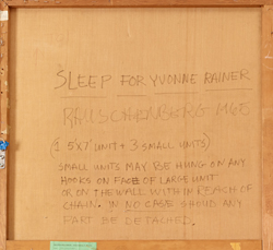 Detail of verso of Robert Rauschenberg’s Sleep for Yvonne Rainer (1965) showing inscription.