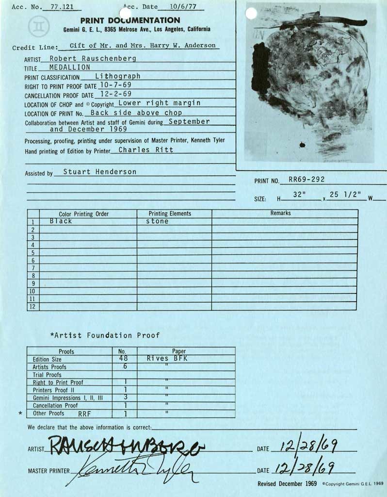 Print documentation from Gemini G.E.L. for Robert Rauschenberg’s Medallion (Stoned Moon)