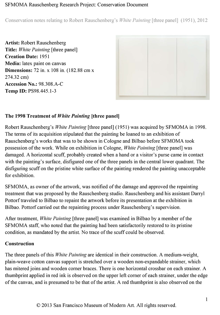 Robert Rauschenberg, White Painting [three panel], 1951 · SFMOMA