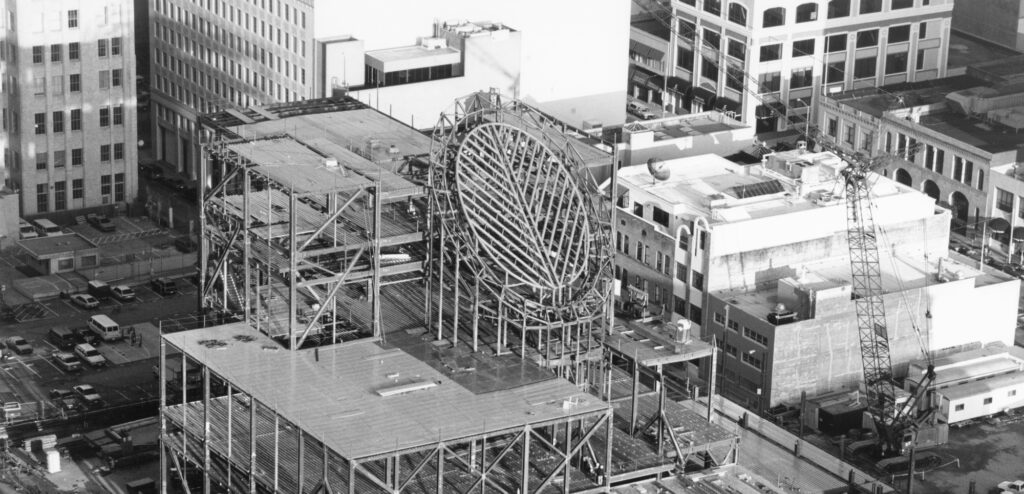 A view from above of the construction of SFMOMA's original building on Third Street.
