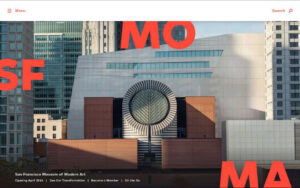 The red SFMOMA logo appears against an image of the new museum building