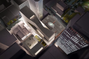 Aerial night view architectural rendering of new SFMOMA building with surrounding buildings