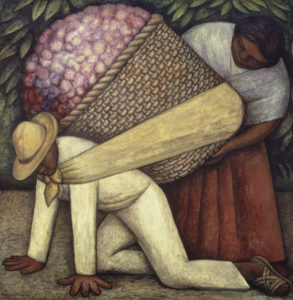 Diego Rivera painting of a woman helping a kneeling man load a giant basket of pink flowers onto his back 