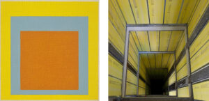 Yellow and orange squares next to a yellow hallway receding into perspective
