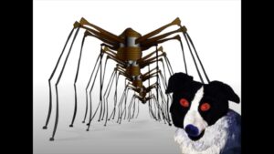 An animated dog sits in front of a spider-like Louise Bourgeois sculpture