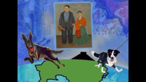 Two animated dogs bound across the globe, encountering a Frida Kahlo painting as they leap over Mexico