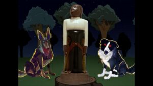 Two animated dogs sit at either side of a carved wooden Sargent Johnson sculpture of an African American woman with her children