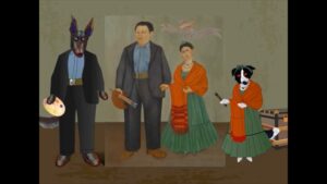 Two animated dogs stand at either side of a Frida Kahlo portrait of herself and Diego Rivera, dressed as the figures in the painting