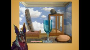 An animated dog in front of a Magritte painting of a bedroom filled with giant household objects