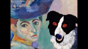 An animated dog's face, next to a colorful Matisse portrait of an early-twentieth-century woman with a large hat