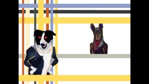 Two animated dogs appear to be popping out from behind the colorful vertical and horizontal lines of a Mondrian painting