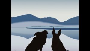 Two animated dogs in silhouette gaze out at a Georgia O'Keeffe landscape of blue hills and a reflective lake