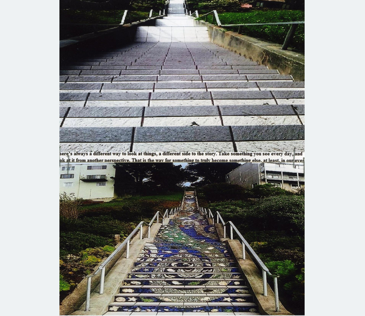 Two photographs of stairs, one taken from above and one from below, are stacked vertically and separated by text