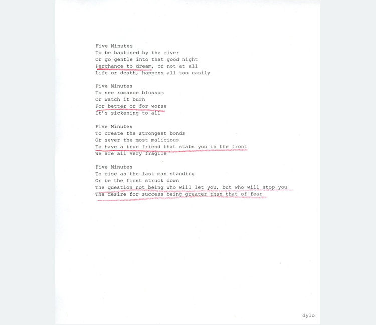 Typed poem printed on white paper with four lines underlined in red pencil