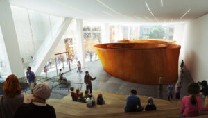 Rendering of the giant metal sculpture Sequence in SFMOMA's Howard Street Gallery
