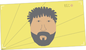 A stylized illustration featuring a bearded face on a yellow background