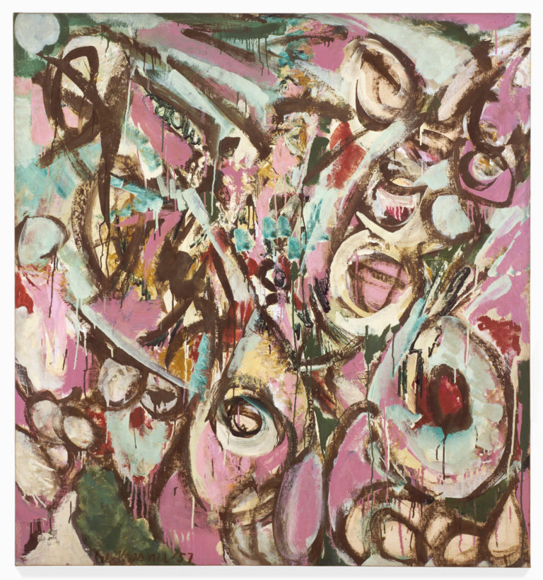 Square abstract expressionist painting composed of heavy curved black lines and fields of color, predominately pink, with many vertical lines of dripped paint