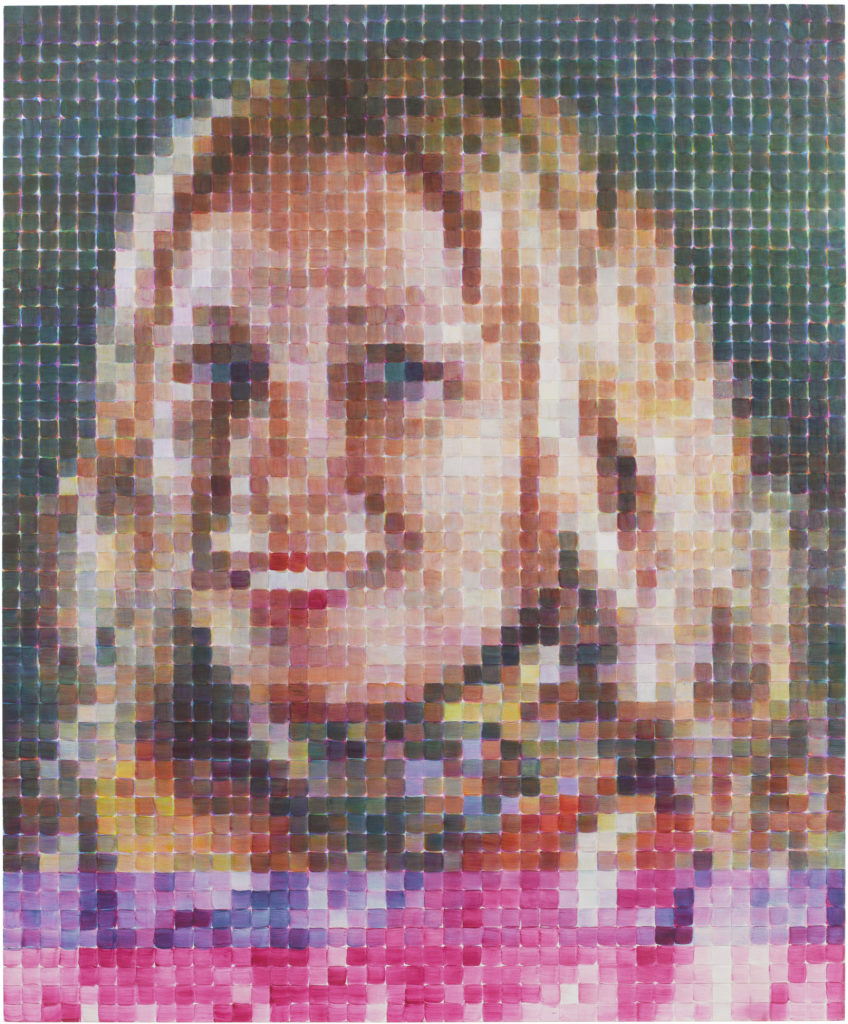 Portrait of a blonde woman composed of a grid of individually painted square cells with pink undertones