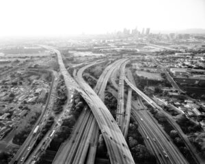 Artwork image, Michael Light's Highways 5, 10, 60 and 101 Looking West, L.A. River and Downtown Beyond