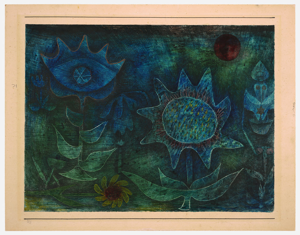 A childlike rendering of a few simple flowers covered by a palette of blues and greens, giving the scene a nocturnal quality.