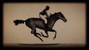 A hand-drawn rendition of a photograph of a running racehorse