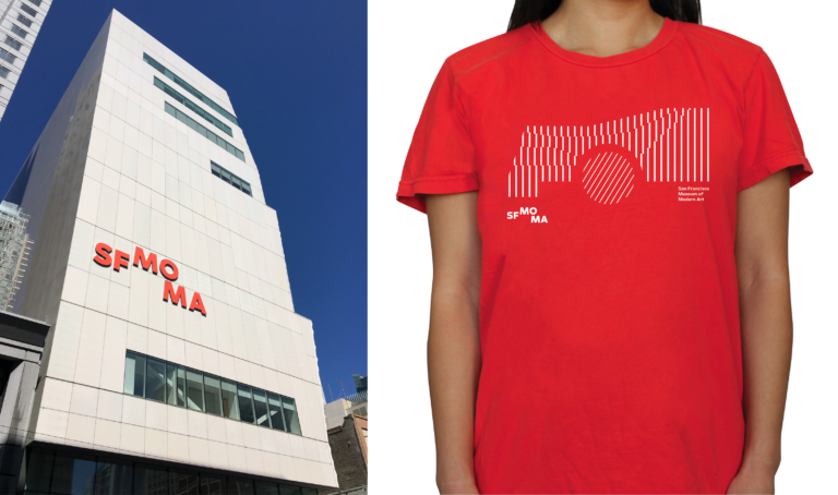 SFMOMA logo on building and red SFMOMA t-shirt