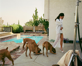 woman with four dogs by pool