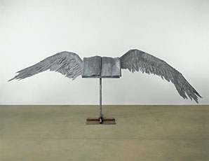 Kiefer, lead sclpture book on pedestal with wings 