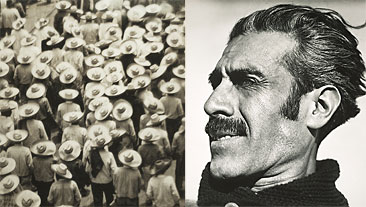 Left: group of people in hats walking from behind; Right: black and white photograph of man