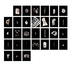 Nigel Poor, grid of thiry black and whiteimages of single objects