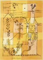 Klee, illustrated print on grid of yellow rectangles