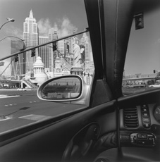 las vegas city scape through car window with car mirror