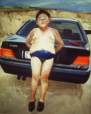 painting of chubby boy in bathing suit leaning on car