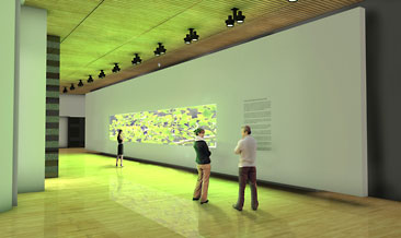 rendering of museum space with projected image on wall and two people standing in front