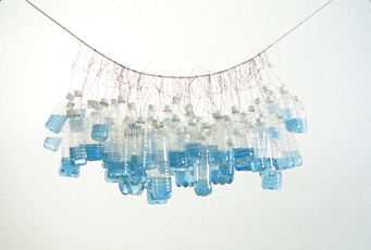 water bottles filled with blue liquid hanging from wire