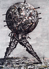 Kentridge, gray sphere on two large leg structures in city