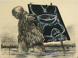 Kentridge, large abstract figure carrying easel through river