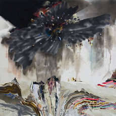leslie shows, abstract painting with dark and colorful explosion 