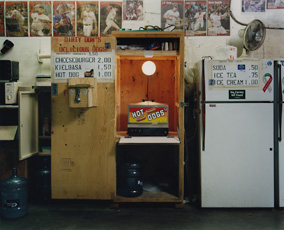 Sharon Lockhart, room with refrigerator, hot dog stand, and baseball posters