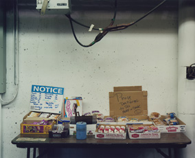 Sharon Lockhart, table in basement with snacks on top