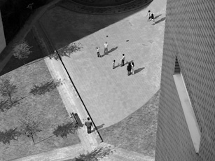 David Claerbout, video still, arial view of people tossing basketball in courtyard