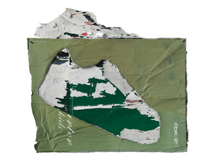 Mark Bradford, green cloth with shoe shape cut-out