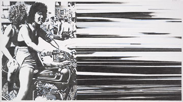 D-J Alvarez two panel drawing with two people on motorcycle and black and white lines