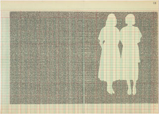 two female silhoutte cut outs on lined blue and red graph paper