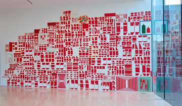 Barry McGee, installation view of red shapes on wall