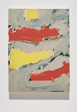 Aldrich, abstract painting with two red and two yellow shapes