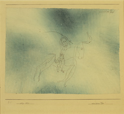 Paul Klee, drawing of figure on horse with blue watercolor background